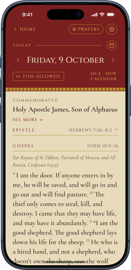 The Today screen of Orthodox Day showing the Gospel reading, the saint of the day and the fast